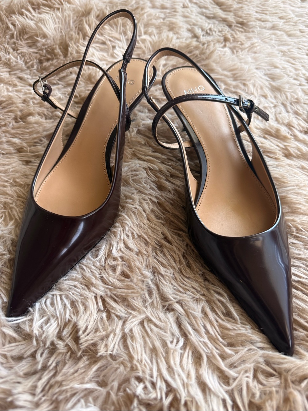 Pointed Patent Slingback Heels in Dark Brown